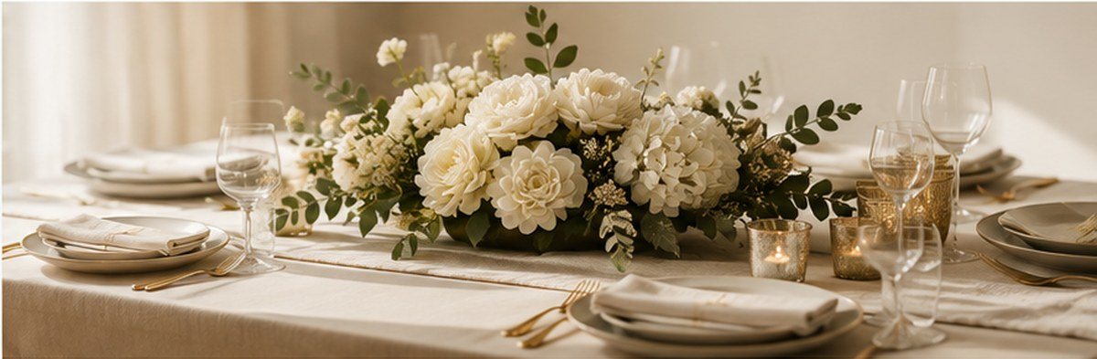 An elegant table set with white florals, gold accents, and place settings for a circle of women